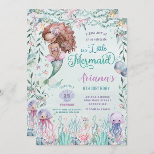 Whimsical Brown Mermaid Under the Sea Birthday Invitation