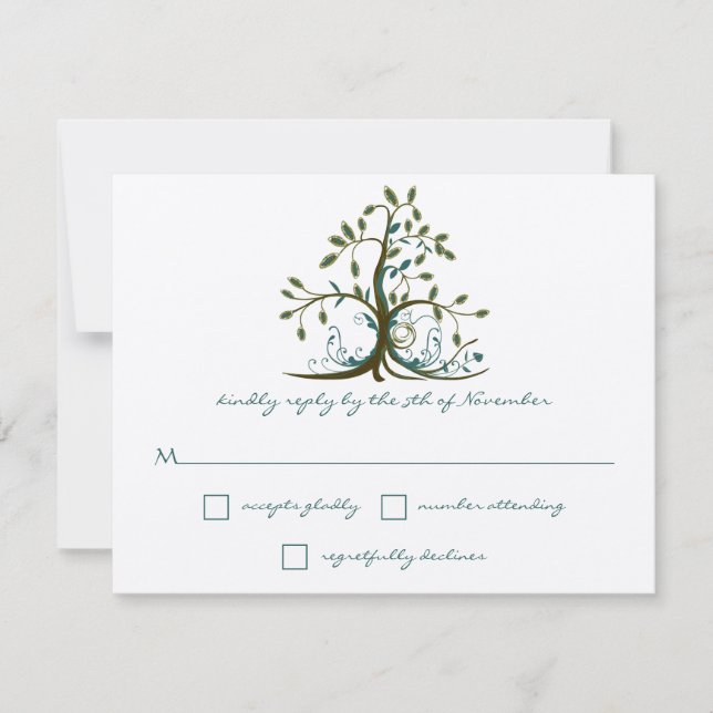 Whimsical Brown Teal Green Tree Wedding RSVP Card (Front)