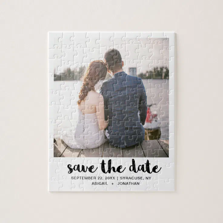 Whimsical Brush Script Photo Save the Date Black Jigsaw Puzzle