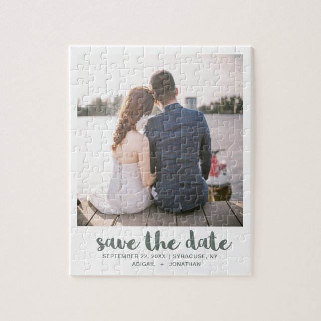 Whimsical Brush Script Photo Save the Date Green Jigsaw Puzzle (Vertical)