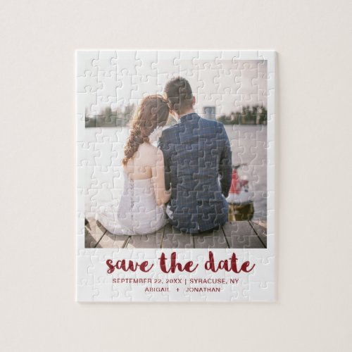 Whimsical Brush Script Photo Save the Date Red Jigsaw Puzzle