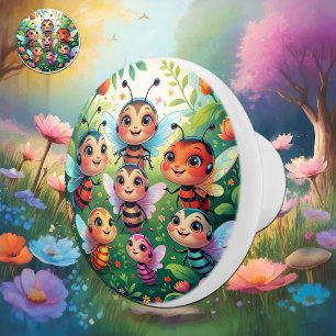 Whimsical Bug Kids in a Lush Garden Ceramic Knob