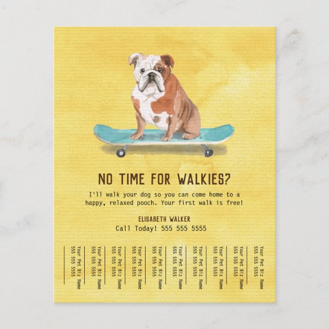 Whimsical Bulldog Skateboard Dog Walker Tear Sheet (Front)