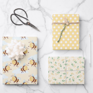 Whimsical Bumble Bee and Honeycomb Floral Wrapping Paper Sheets