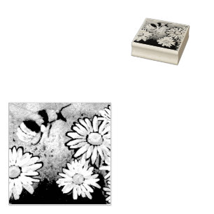 Whimsical Bumble Bee Daisies Floral Blue White Rubber Stamp
