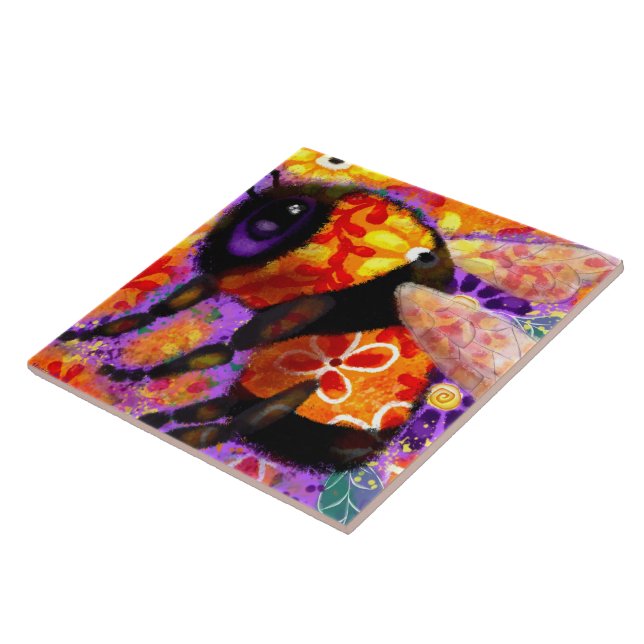 Whimsical Bumble Bee Floral Red Yellow Purple Ceramic Tile (Side)