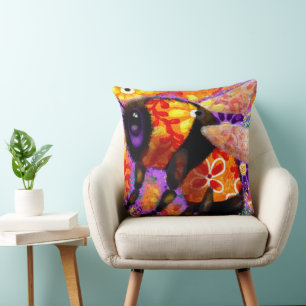 Whimsical Bumble Bee Floral Red Yellow Purple Throw Pillow