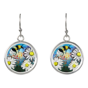 Whimsical Bumble Bee in Daisies Flowers Earrings