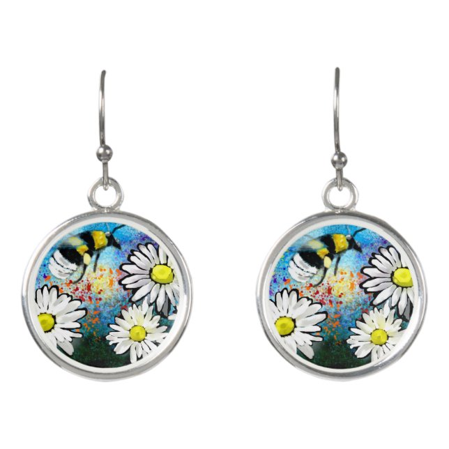 Whimsical Bumble Bee in Daisies Flowers Earrings (Front)
