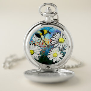 Whimsical Bumble Bee in Daisies Flowers Pocket Watch