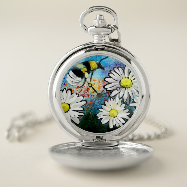 Whimsical Bumble Bee in Daisies Flowers Pocket Watch (Inside)