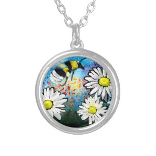 Whimsical Bumble Bee in Daisies Flowers Silver Plated Necklace