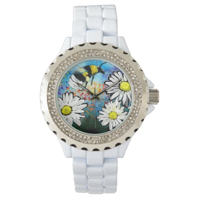 Whimsical Bumble Bee in Daisies Flowers Watch (Front)