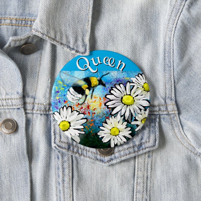 Whimsical Bumble Bee in Daisies Personalized Button (In Situ)