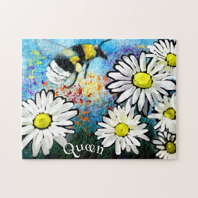 Whimsical Bumble Bee in Daisies Personalized Jigsaw Puzzle (Horizontal)
