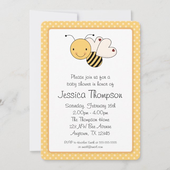 Whimsical Bumble Bee Polka Dots Baby Shower Invitation (Front)