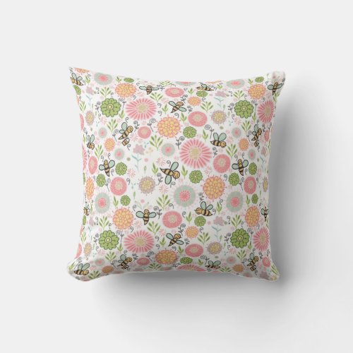 Whimsical Bumblebee Floral Throw Pillow