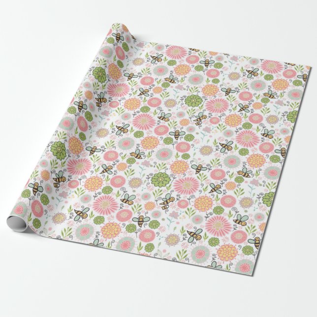 Whimsical Bumblebee Floral Wrapping Paper (Unrolled)