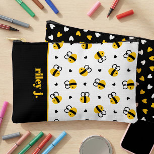 Whimsical Bumblebee & Hearts Kids Name Pencil Accessory Pouch