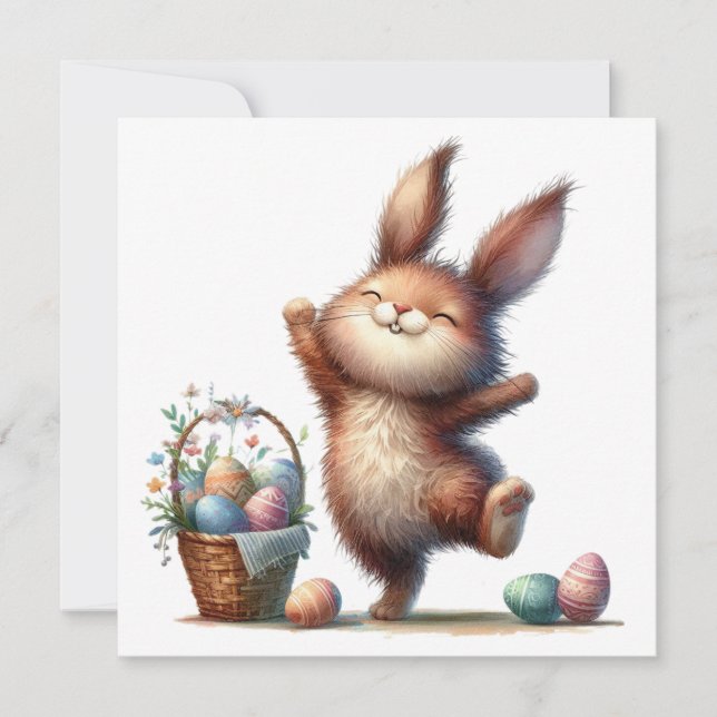 Whimsical Bunny and Basket of Eggs Easter Greeting Card (Front)