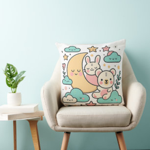Whimsical Bunny and Bear Moon Decorative Pillow