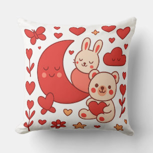 Whimsical Bunny and Bear Moon Heart Throw Pillow