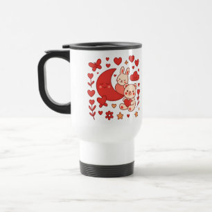 Whimsical Bunny and Bear Moon Heart Travel Mug