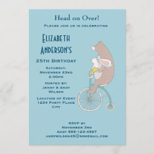 Whimsical Bunny and Bear Riding a Bike Birthday Invitation