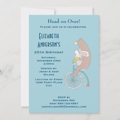 Whimsical Bunny and Bear Riding a Bike Birthday Invitation