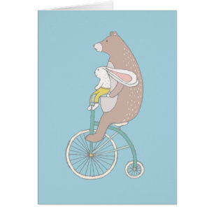 Whimsical Bunny and Bear Riding a Bike Blank Cards