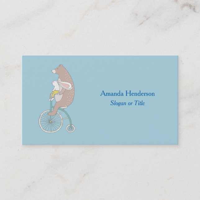 Whimsical Bunny and Bear Riding a Bike Business Card (Front)