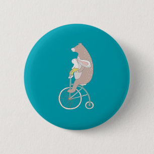 Whimsical Bunny and Bear Riding a Bike Button