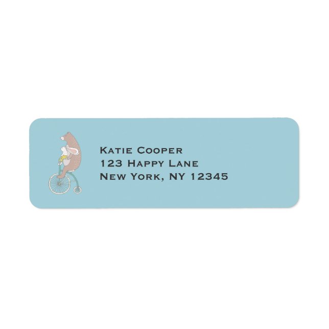Whimsical Bunny and Bear Riding a Bike Label (Front)