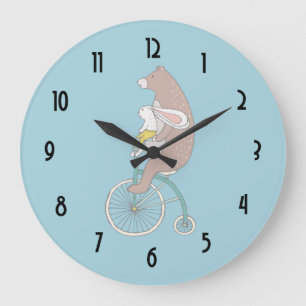 Whimsical Bunny and Bear Riding a Bike Large Clock