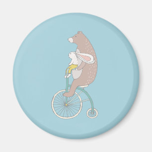 Whimsical Bunny and Bear Riding a Bike Magnet