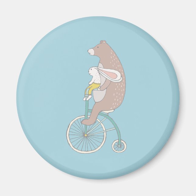 Whimsical Bunny and Bear Riding a Bike Magnet (Front)