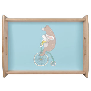 Whimsical Bunny and Bear Riding a Bike Serving Tray