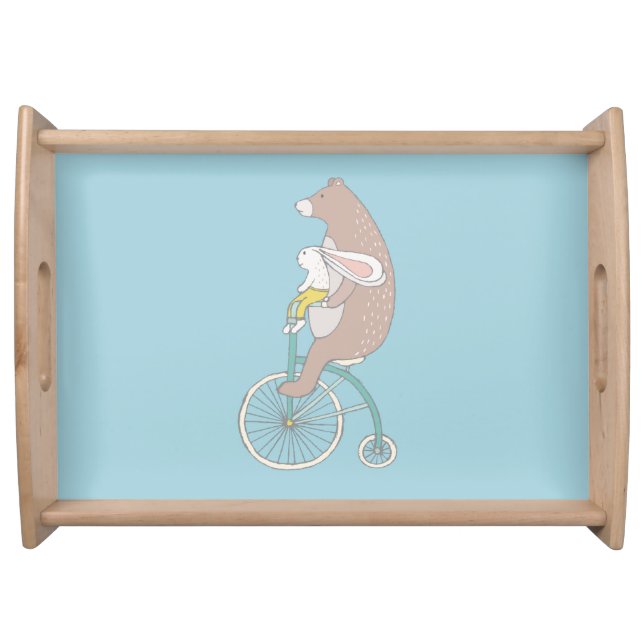 Whimsical Bunny and Bear Riding a Bike Serving Tray (Front)