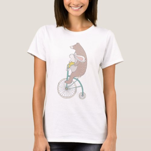 Whimsical Bunny and Bear Riding a Bike T_Shirt