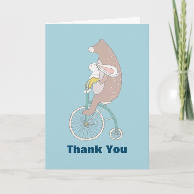 Whimsical Bunny and Bear Riding a Bike Thank You Card (Front)