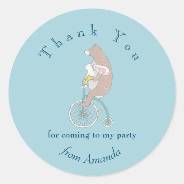 Whimsical Bunny and Bear Riding a Bike Thank You Classic Round Sticker ...