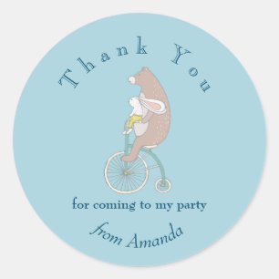 Whimsical Bunny and Bear Riding a Bike Thank You Classic Round Sticker