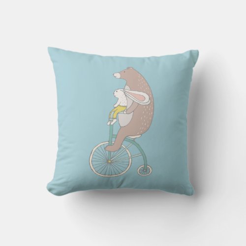 Whimsical Bunny and Bear Riding a Bike Throw Pillow