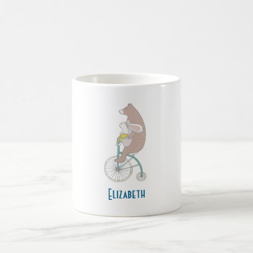 Whimsical Bunny and Bear Riding a Bike Together Coffee Mug