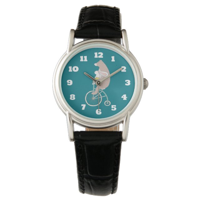 Whimsical Bunny and Bear Riding a Bike Watch (Front)