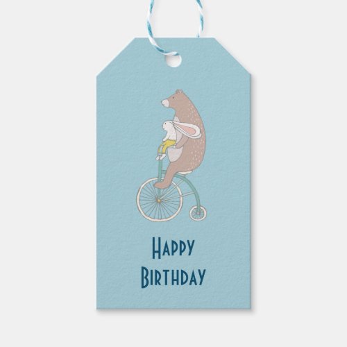 Whimsical Bunny and Bear Riding Together Birthday Gift Tags