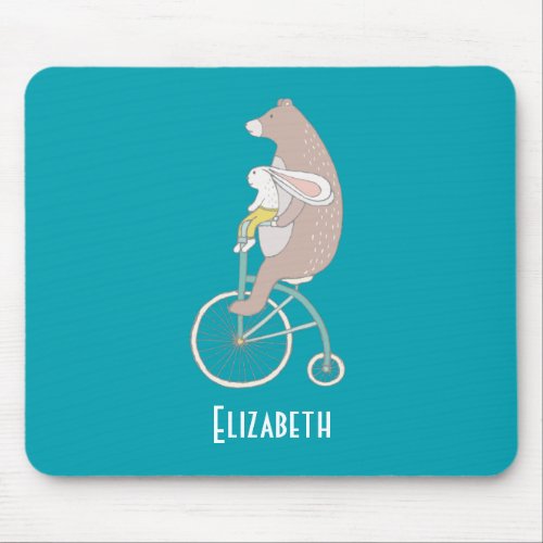 Whimsical Bunny and Bear Riding Together Mouse Pad