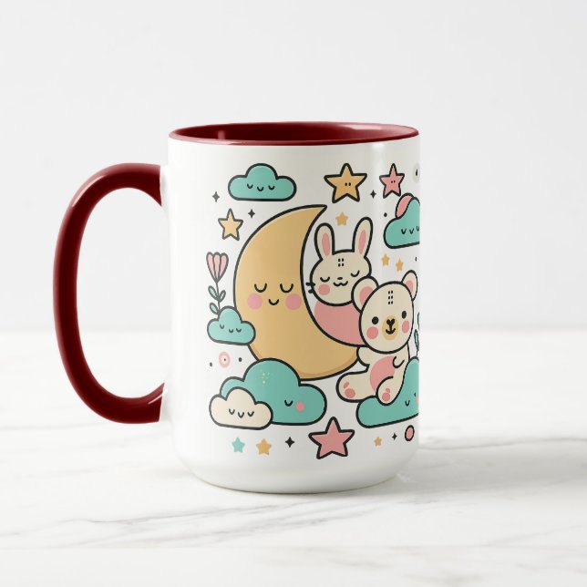 Whimsical Bunny and Bear Under Moon Illustration Mug (Left)
