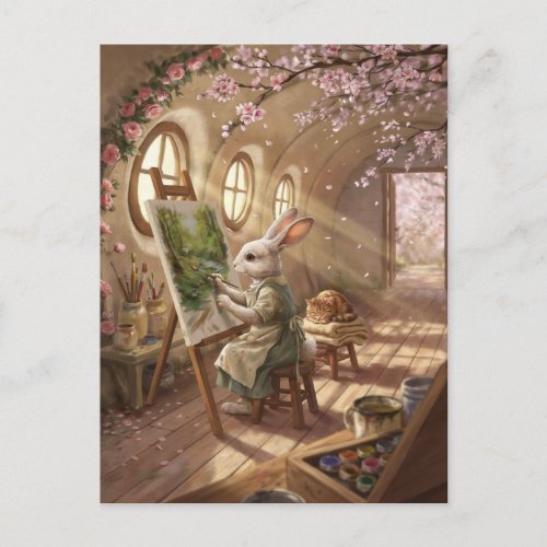 Whimsical Bunny Artist Painting on Easel Postcard