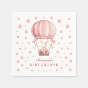 Whimsical Bunny Balloon Pink Stars Baby Shower Napkins